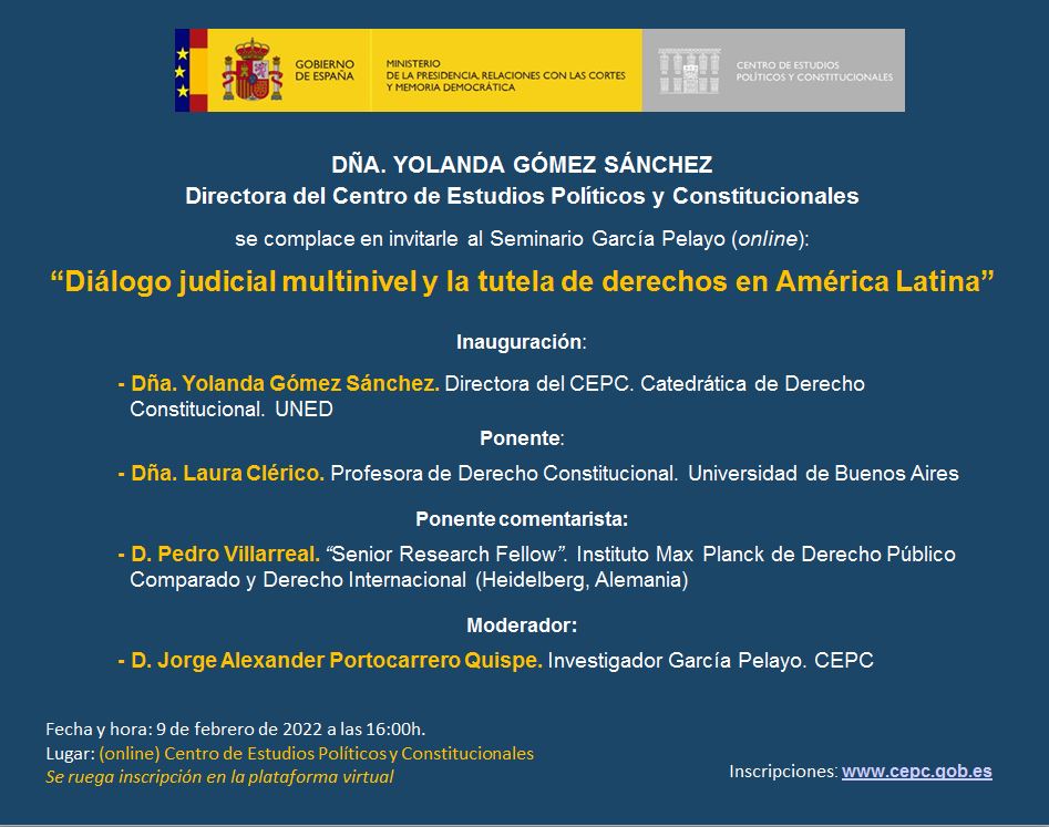 Invitación seminario García Pelayo (online): “Diálogo judicial multinivel y la tutela de derechos en América Latina”