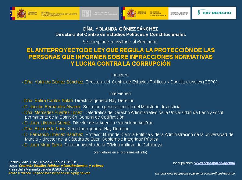 Seminario: El anteproyecto de ley que regula la protección de las  personas que informen sobre infracciones normativas  y lucha contra la corrupción