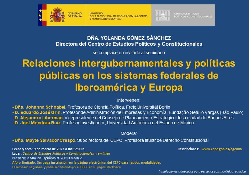 Seminario: "Relaciones intergubernamentales y políticas públicas en los sistemas federales de Iberoamérica y Europa"
