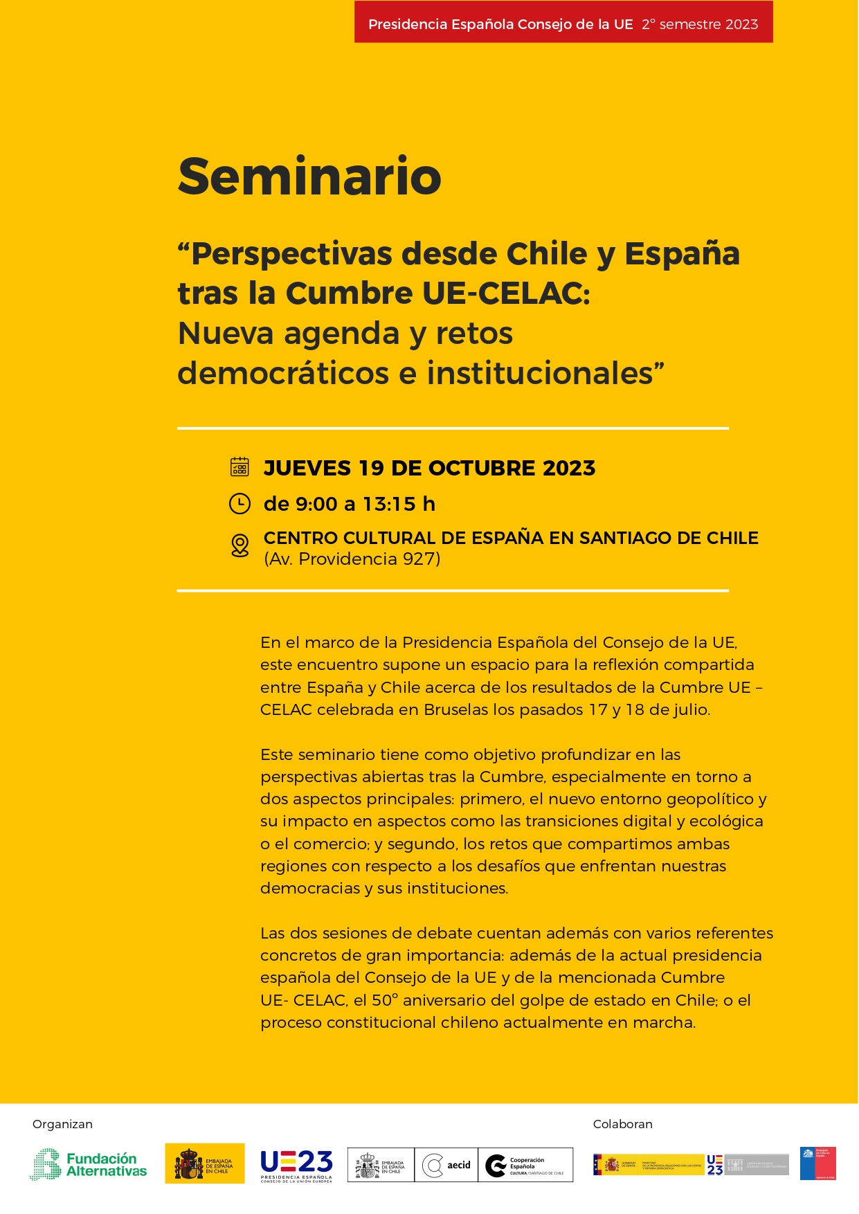 El CEPC colabora en el Seminario “Perspectivas desde Chile y España tras la Cumbre UE-CELAC: Nueva agenda y retos democráticos e institucionales” (Santiago de Chile, 19 de octubre de 2023)
