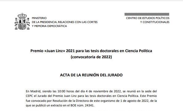 Resolución de concesión del Premio Juan Linz 2021