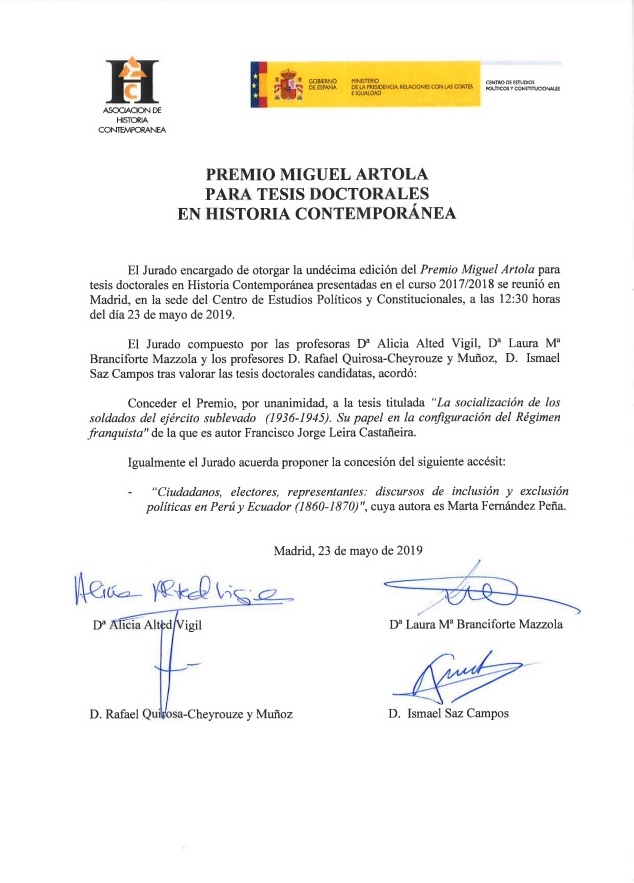 XI Premio Miguel Artola para tesis doctorales en Historia Contemporánea