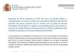 Resoluciones de puntuaciones definitivas de la fase de oposición y aspirantes que han superado el proceso selectivo y de adjudicación de plaza de personal investigador García-Pelayo 2023.